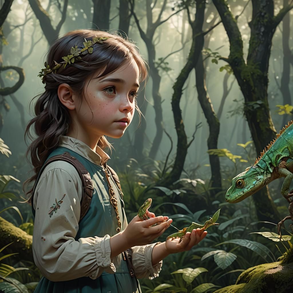 Girl and Lizard in Forest, Detailed Matte Painting