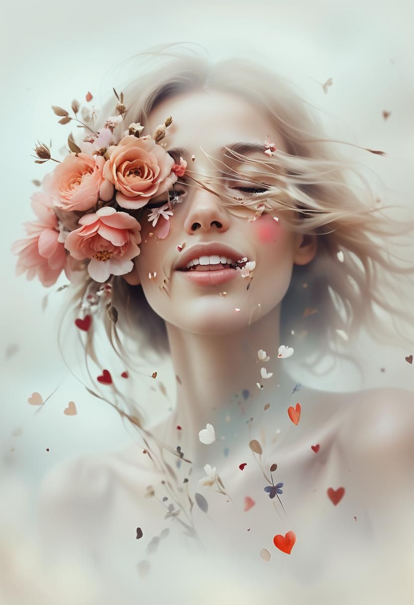 Surreal Portrait with Whispering Flowers and Hearts