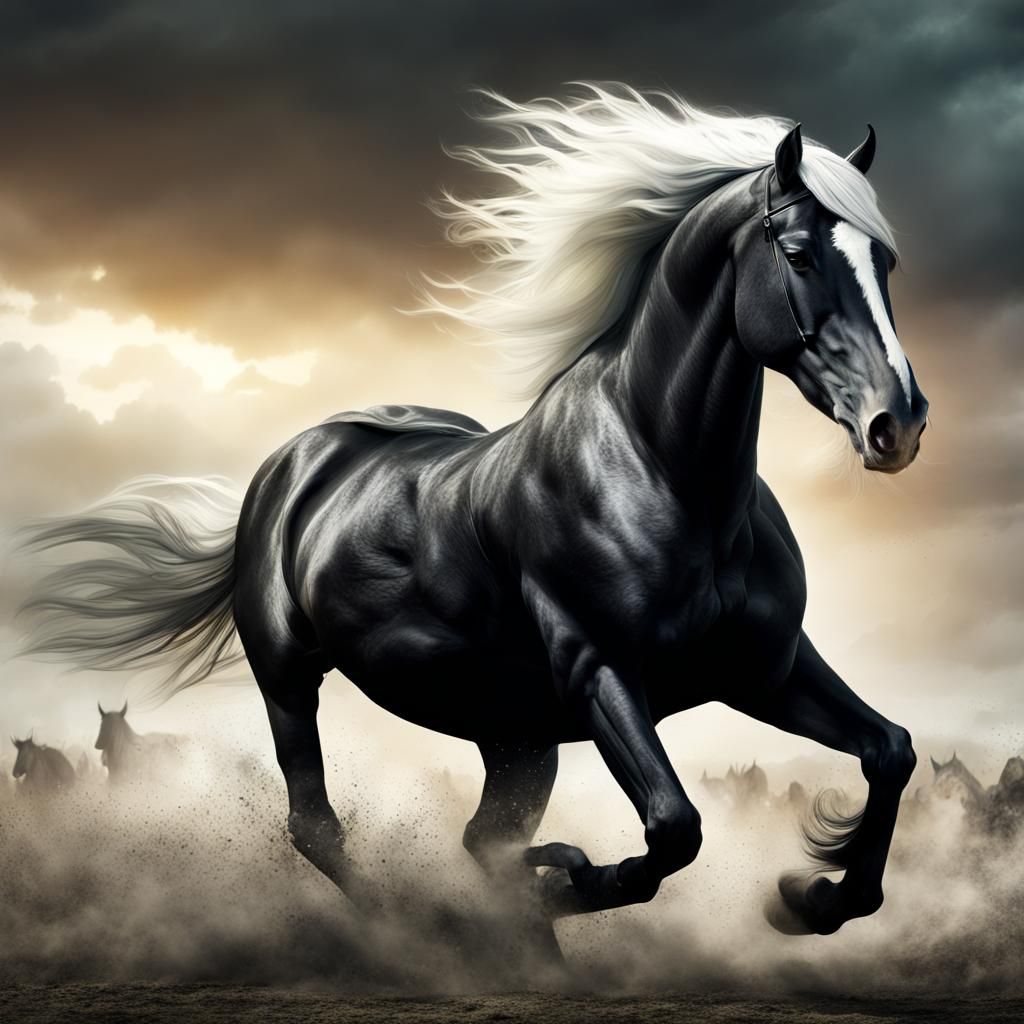 Epic Black Horse Galloping Across Battlefield