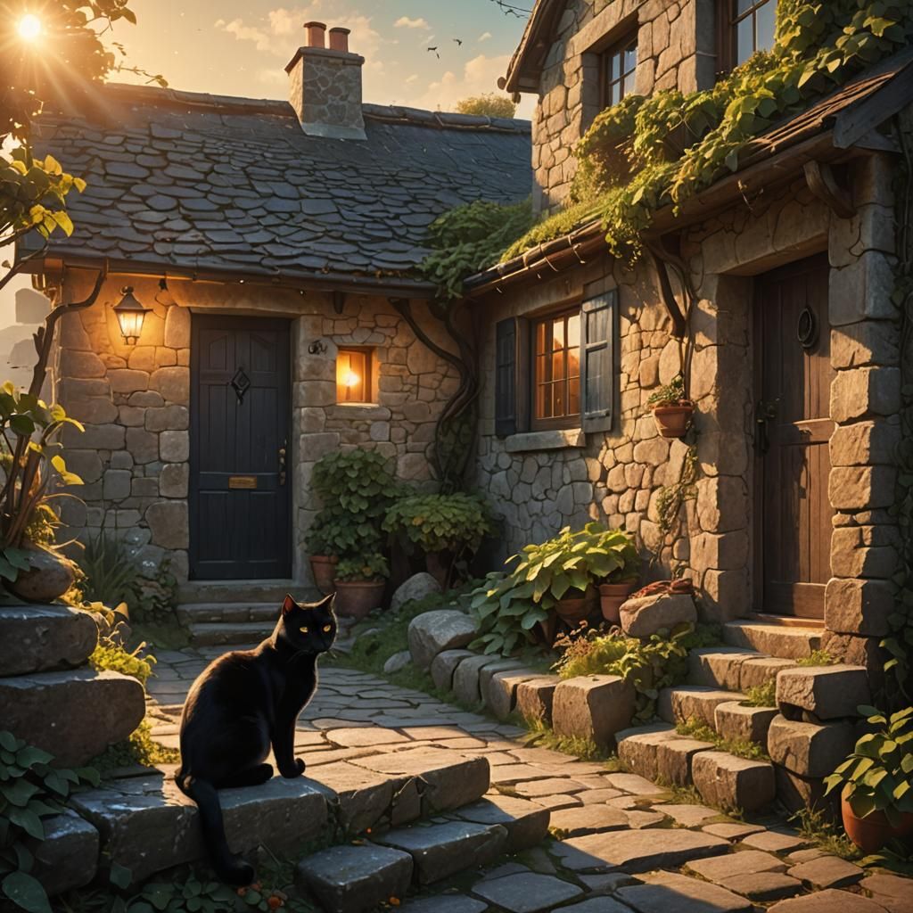 Black Cat at Stone Cottage, Digital Matte Painting