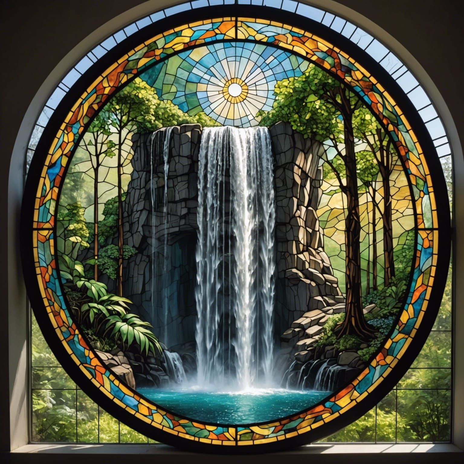 Stained Glass Waterfall Window: Hyperrealistic Detail