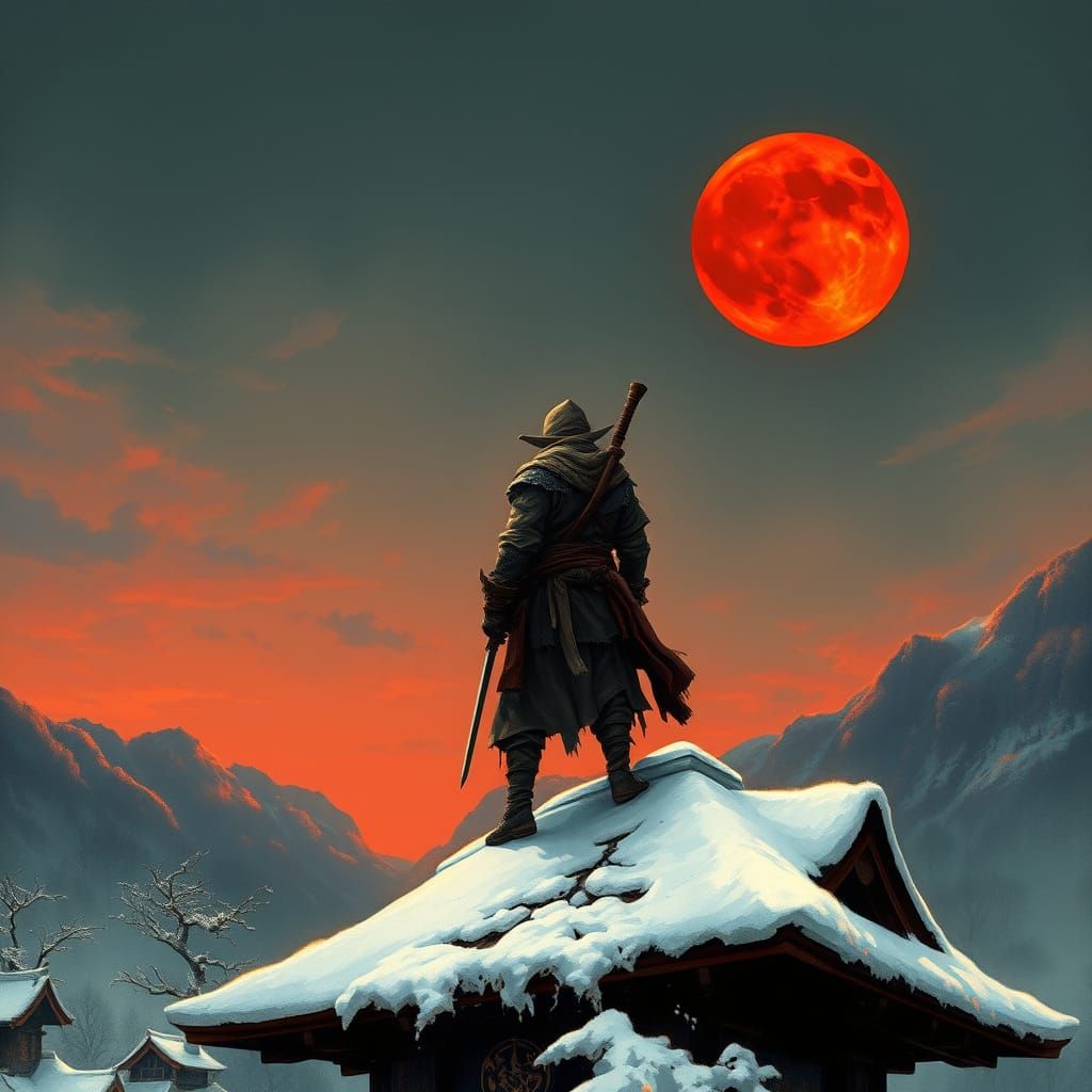 Ninja on Pagoda Under Crimson Moon, Dark Fantasy Art
