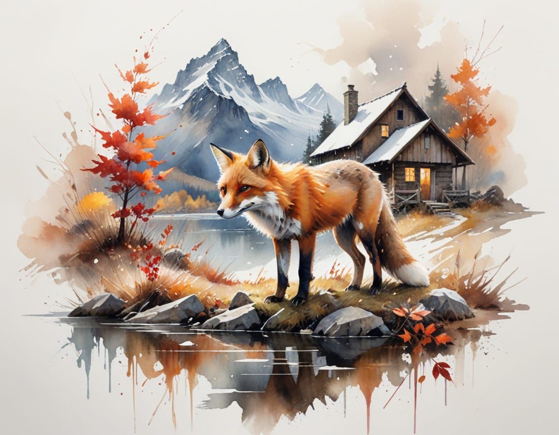 Fox by Riverside Cabin in Autumn Mountain Glow
