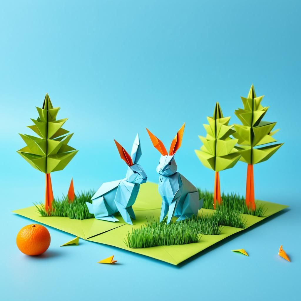 Colorful Origami Rabbit World: Hyperrealistic Masterpiece