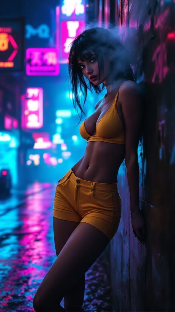 Faye Valentine in Cyberpunk Cityscape