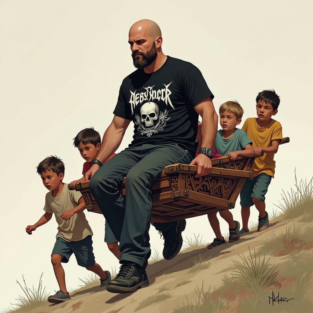 Man Carried by Kids in Noir Illustration Style