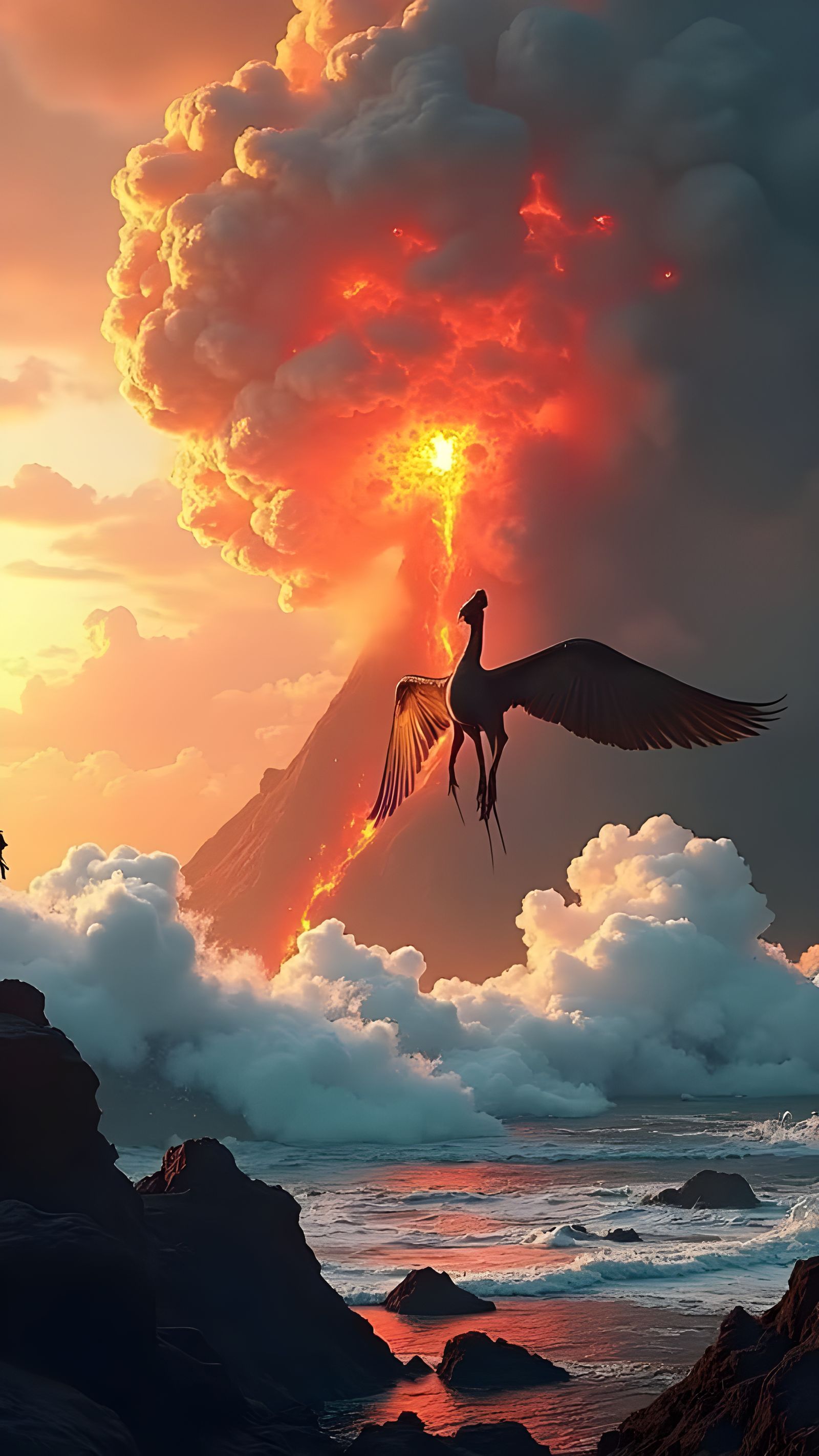 Giant Prehistoric Bird Escaping Volcanic Lava