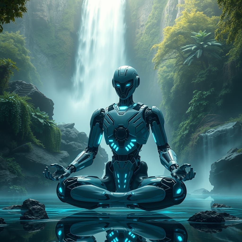 Cyberpunk Robot Meditating by Waterfall