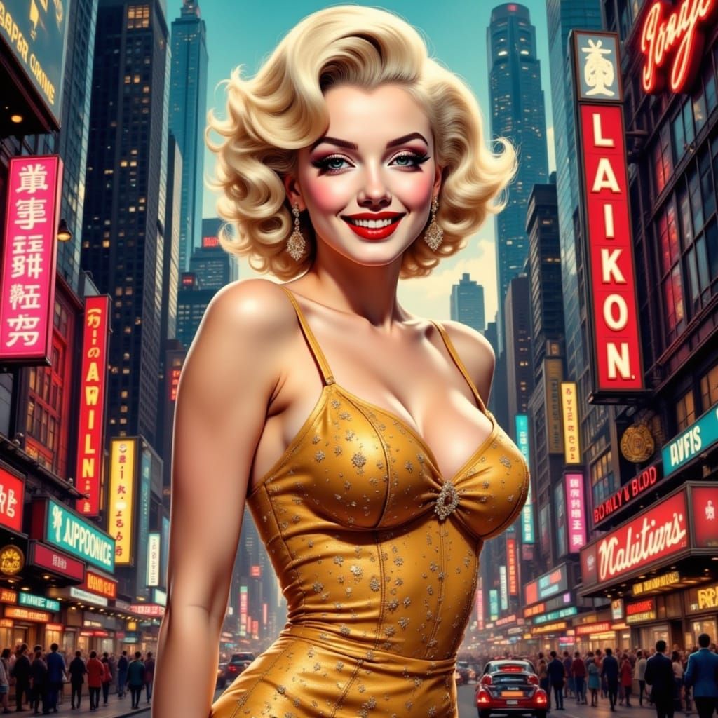 Glamorous Marilyn Monroe in Retro NYC Cityscape with Glitter...