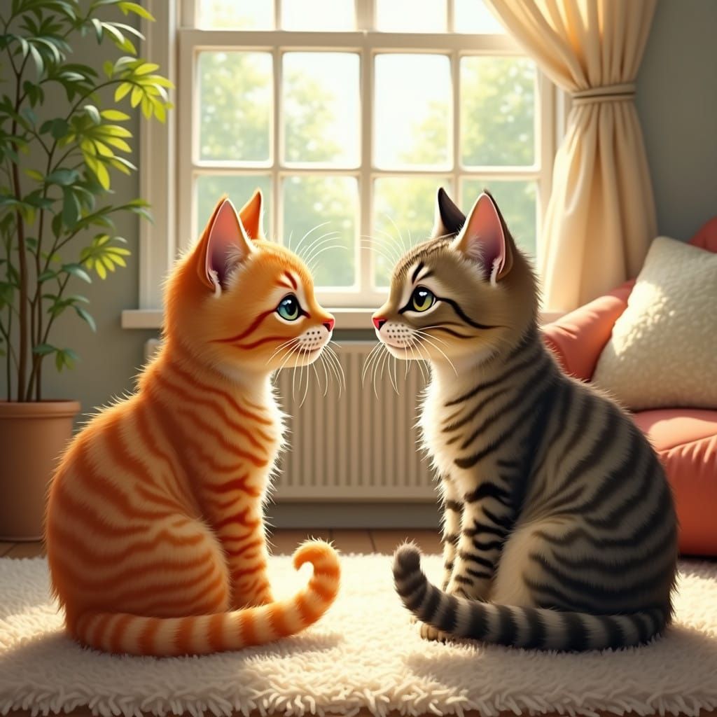 Ginger vs Tabby Feline Staring Contest in Cozy Living Room