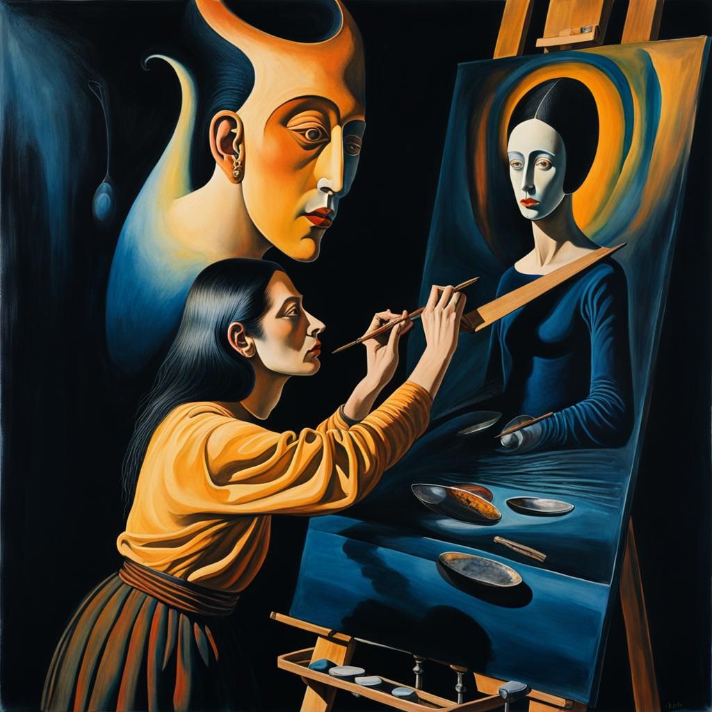 Surrealistic Easel Painting with Dark Fantasy Elements