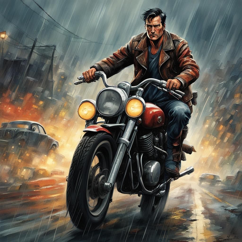 30-year-old Ash Williams, face visible, clad in worn leather...