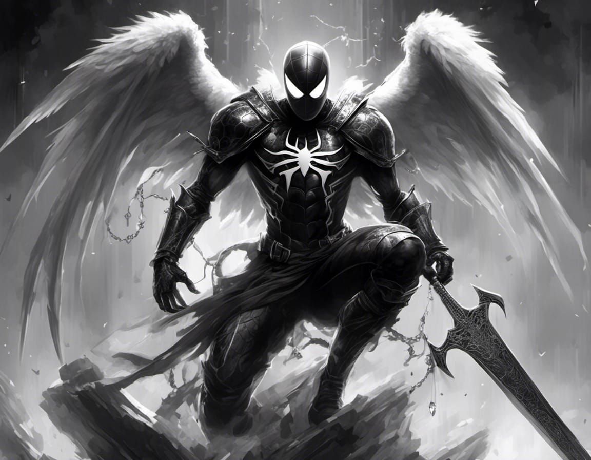 Spider-Man Angel Knight with Sword in Black and White