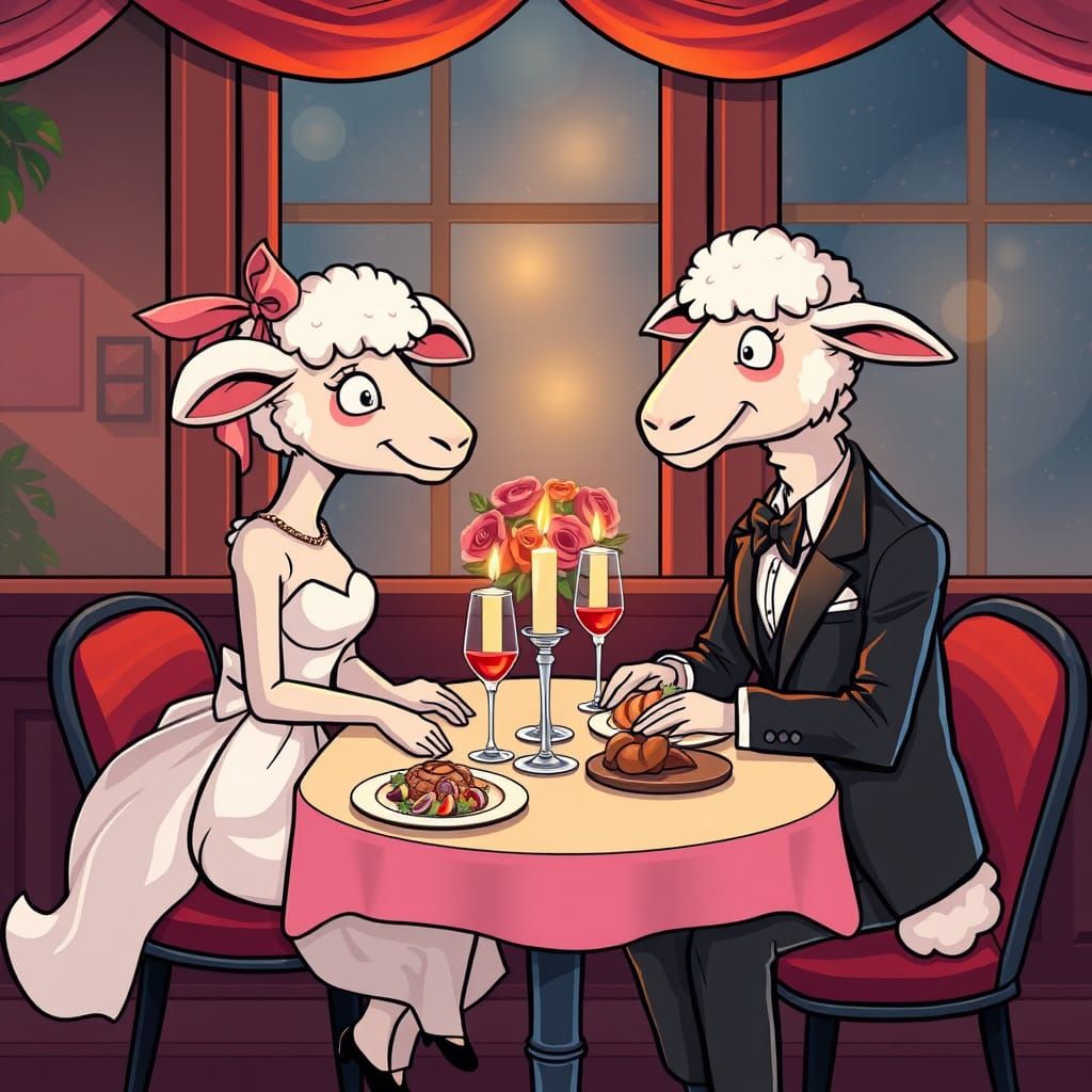 Elegant Sheep Couple Enjoy a Romantic Dinner
