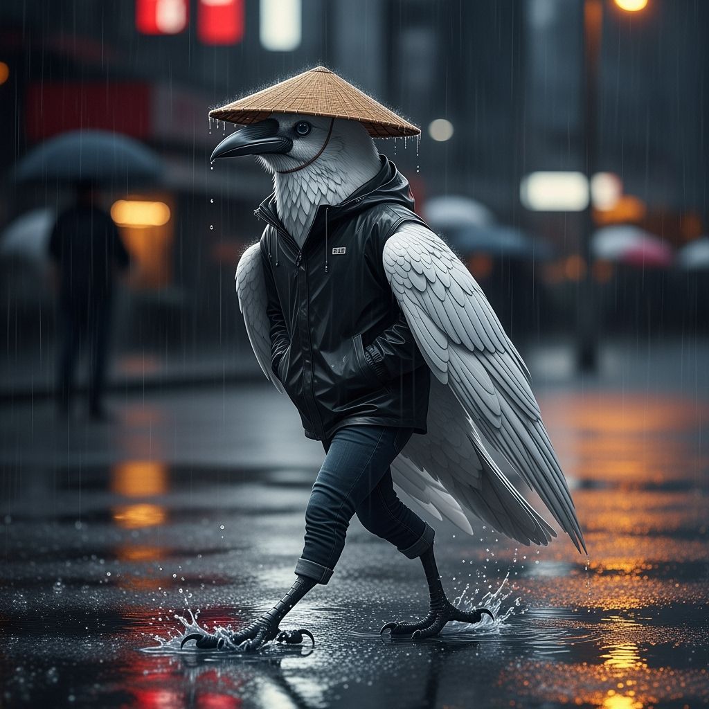 Albino Raven Walks a Rainy Cyberpunk Street