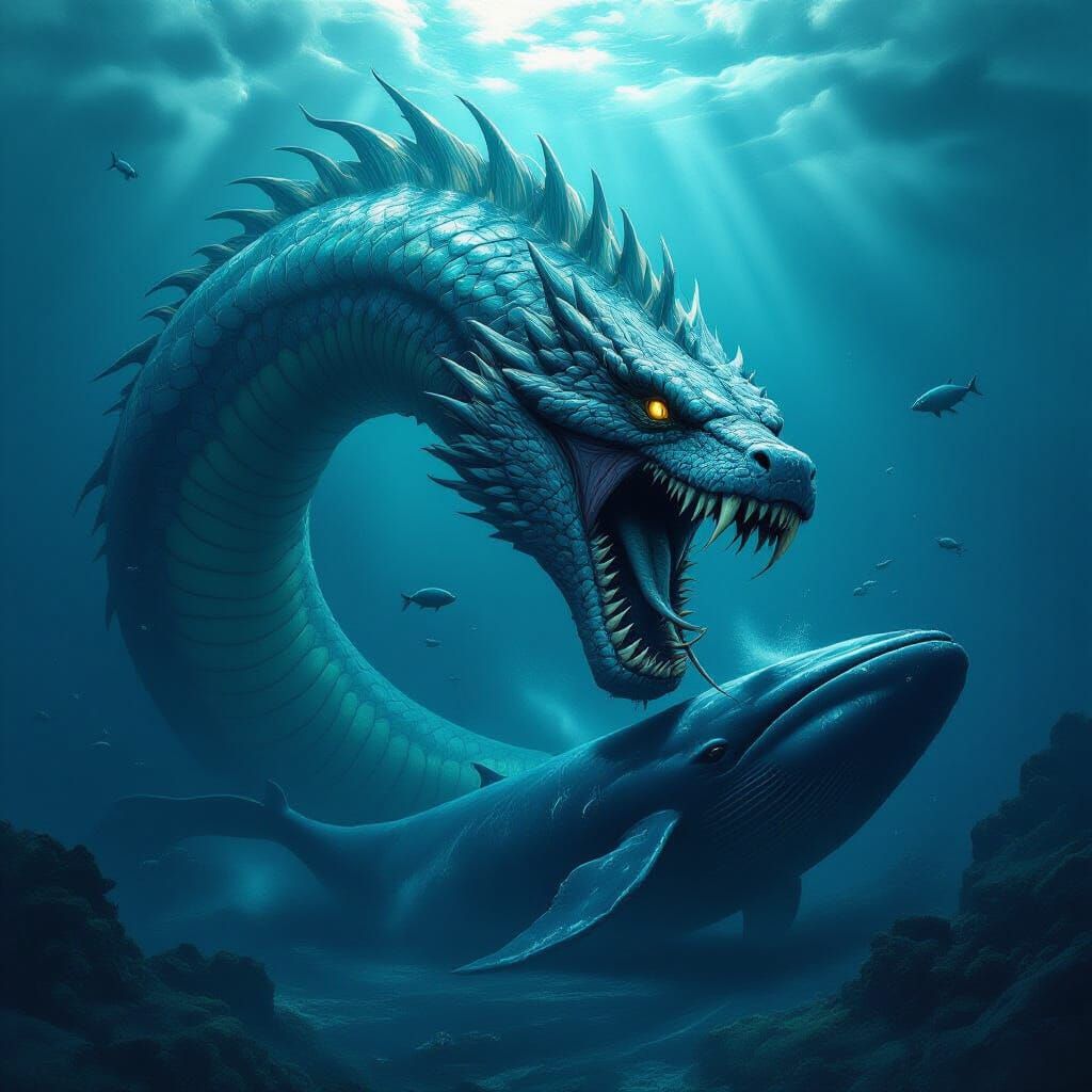 Colossal Sea Serpent Devours Whale in Stormy Ocean