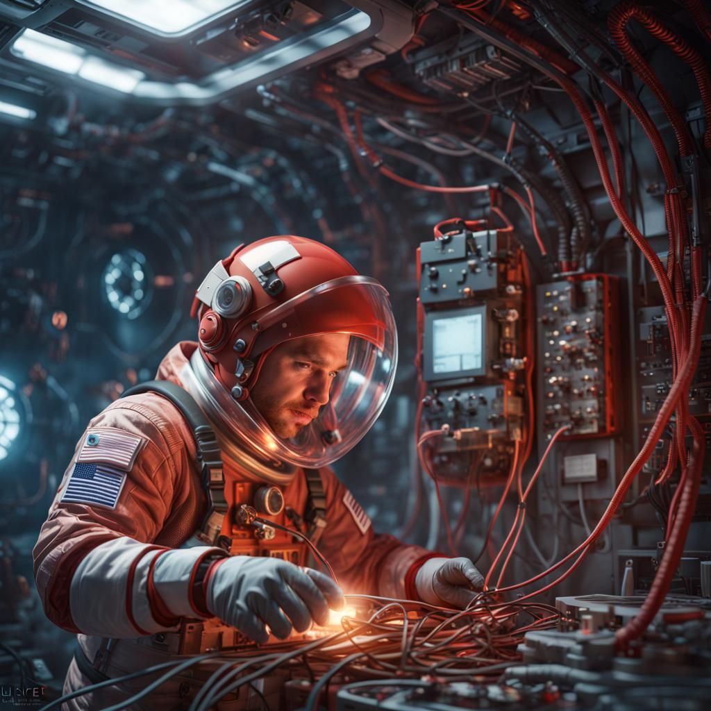 Red Haired Man in Spacesuit Fixing Wires