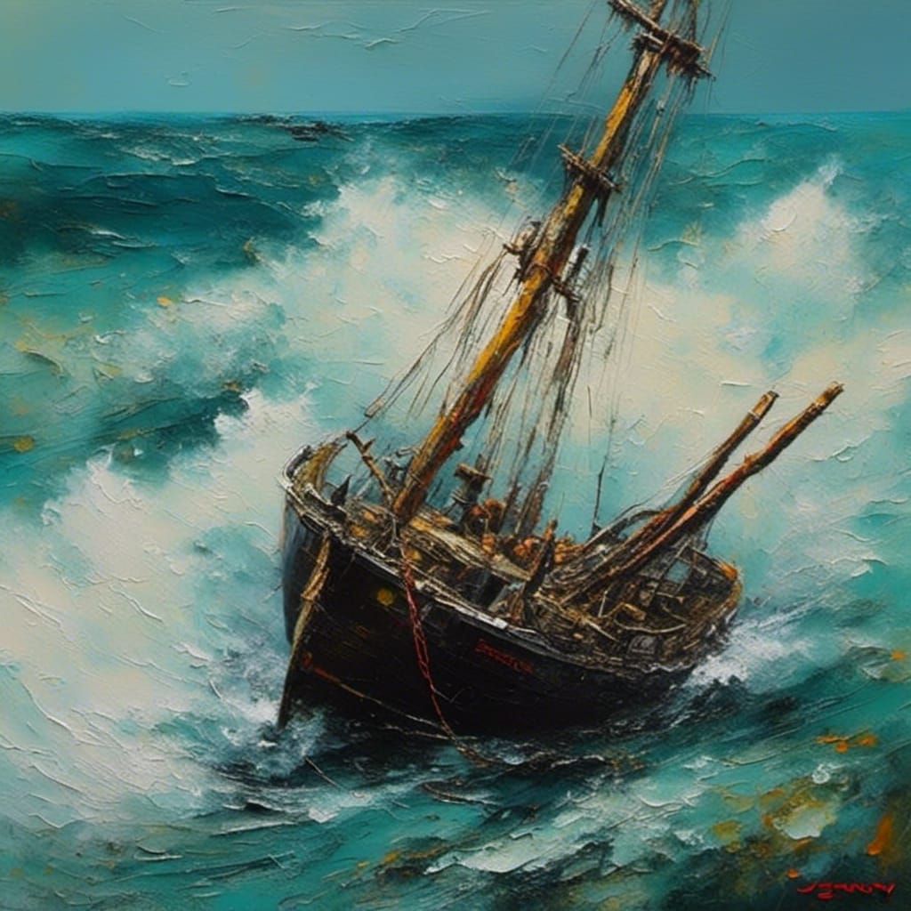 Fishing Boat on Rough Sea as Impasto Oil Painting