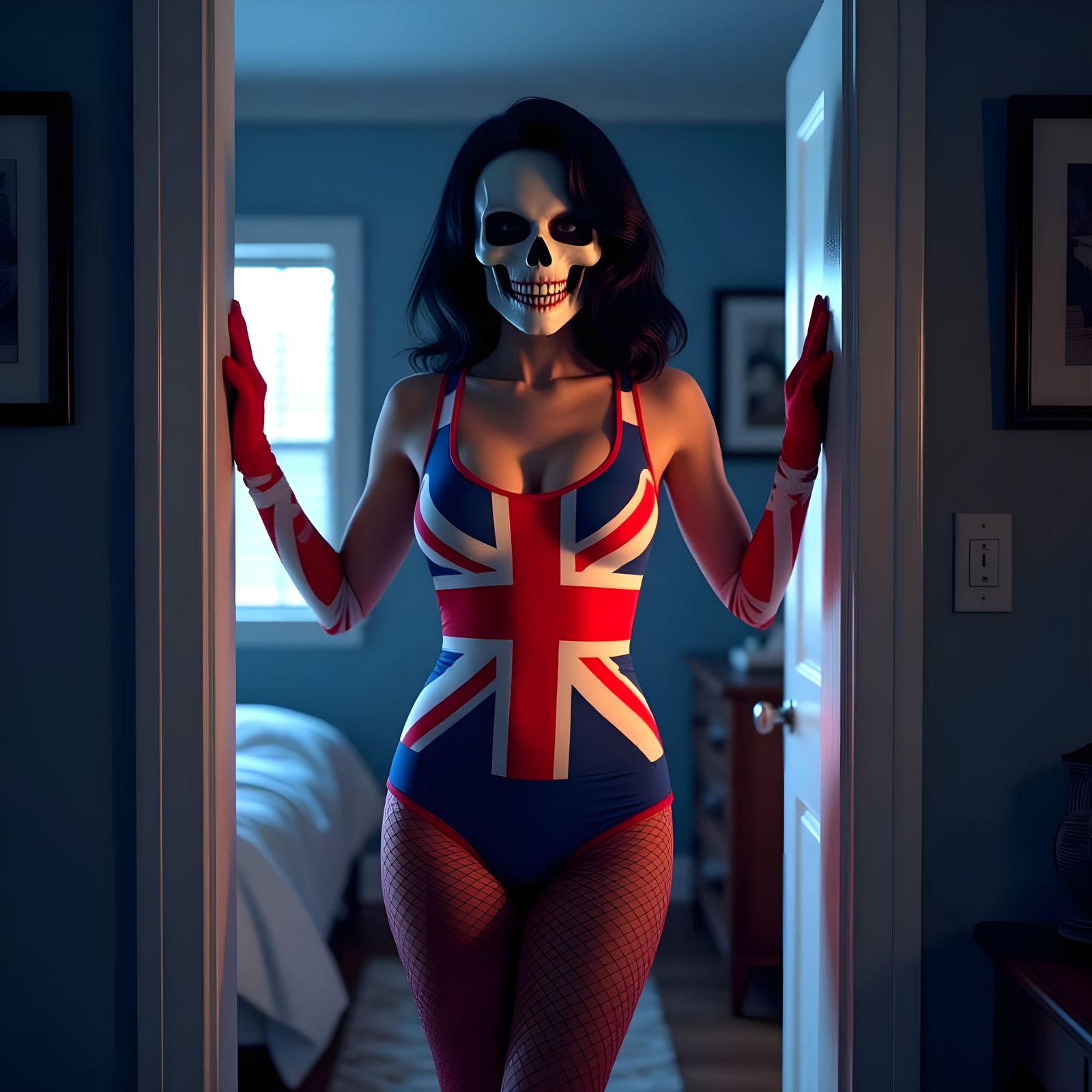 Woman in Union Jack Leotard and Red Fishnets Stares with Lau...