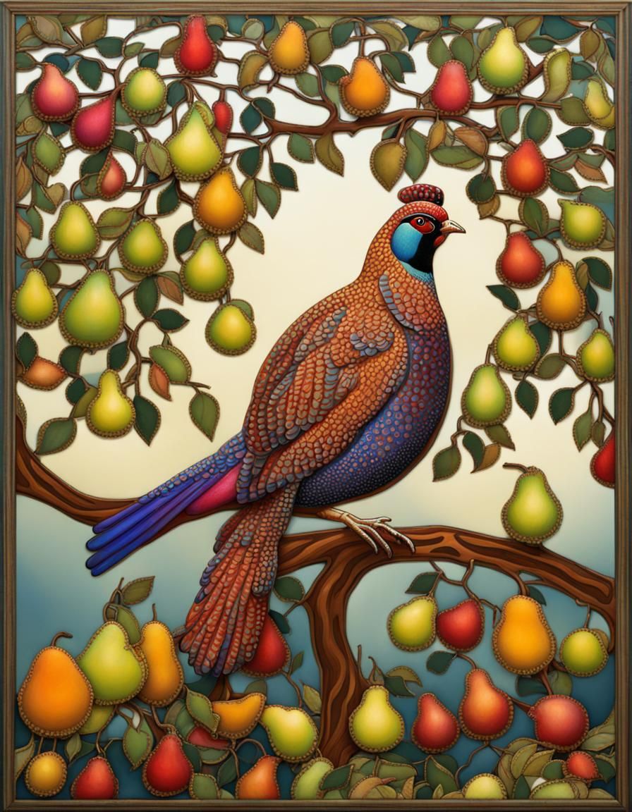 Colorful Partridge in Pear Tree, Art Deco Style