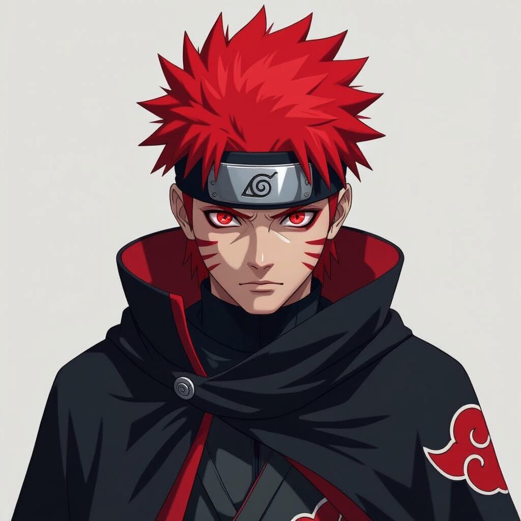 Red-Haired Ninja with Sharingan Eyes in Noir Style