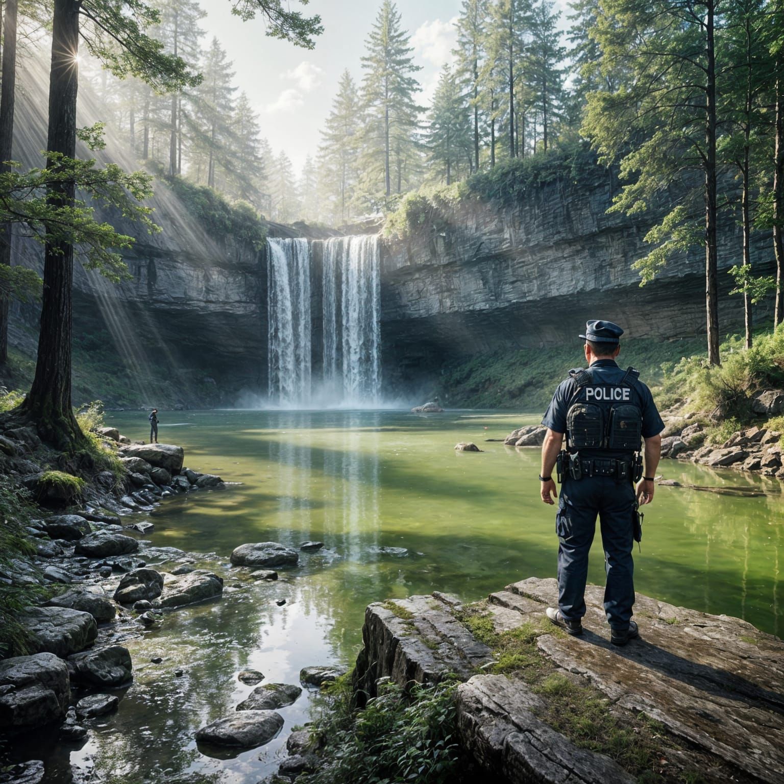 A lone NYC policeman  stands on a cliff gazing at green slime floating on a pond.