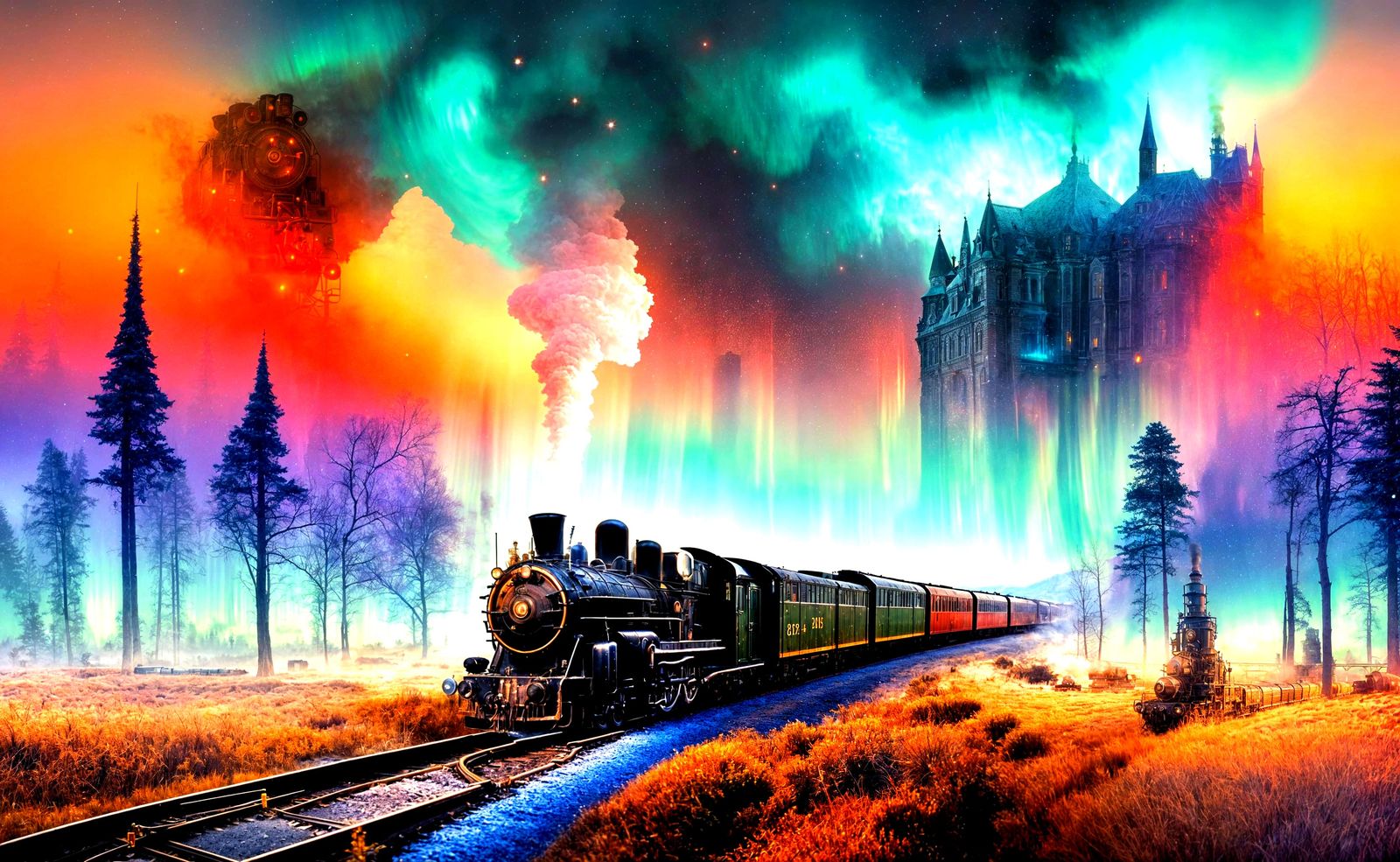 Surreal Steampunk Train Rides into Aurora-Filled Night