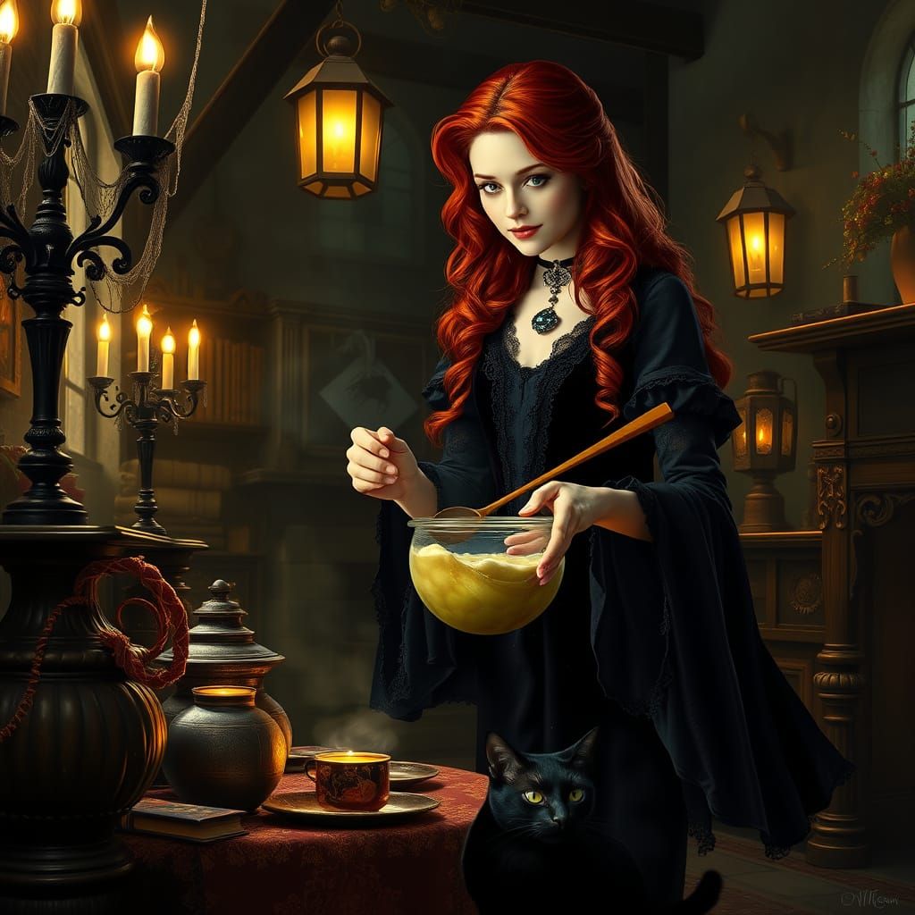 Mystical Victorian Witch Brews Potion in Enchanted Kitchen