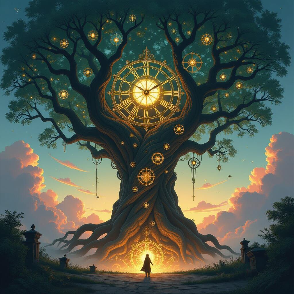 Ancient Cosmic Tree with Glowing Clockwork Mechanisms