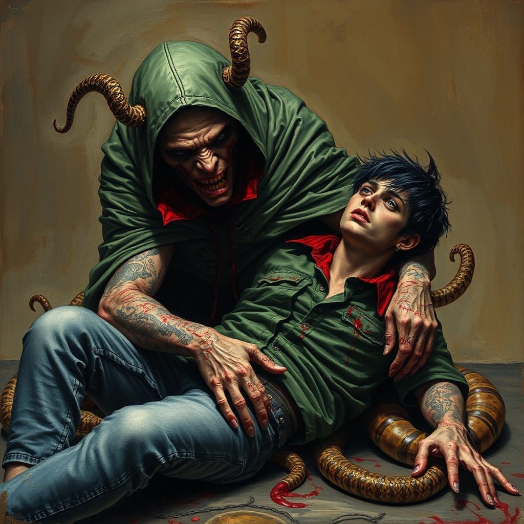Serpent Demon Pins Young Man With Tentacles