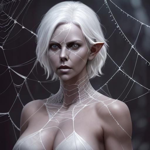 Drow Elf in Spiderweb Dress, Hyperreal Close-Up