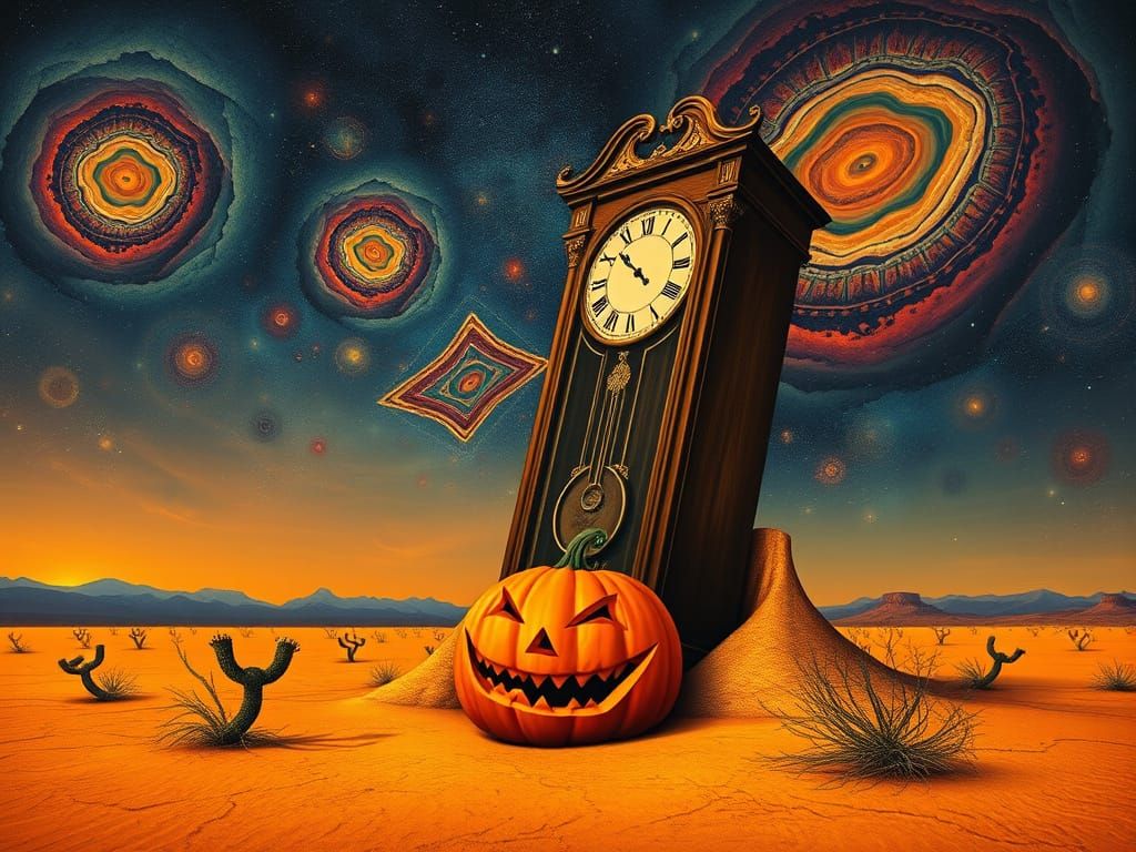 Surreal Melting Clock & Jack-o'-lantern in Desert