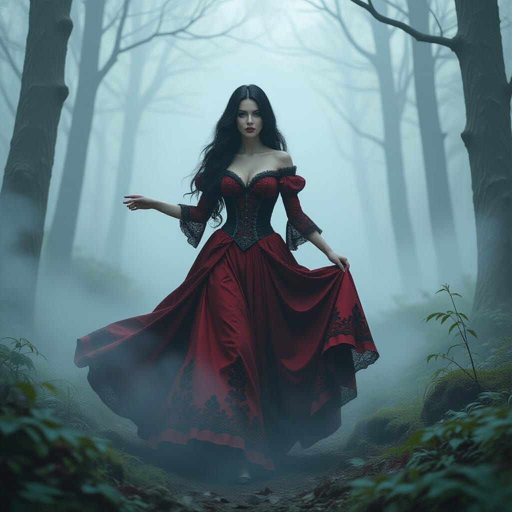 Woman in Red Dress Emerging from Misty Forest