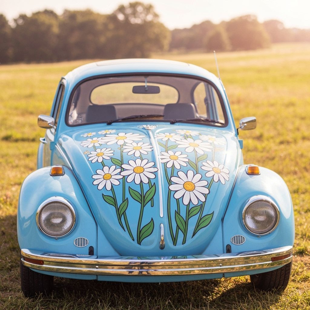 Daisy-Adorned Blue Beetle in Whimsical Style