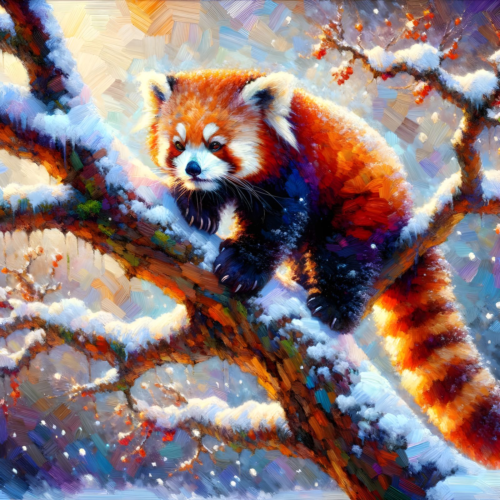 Neo-Impressionist Red Panda in Winter Wonderland