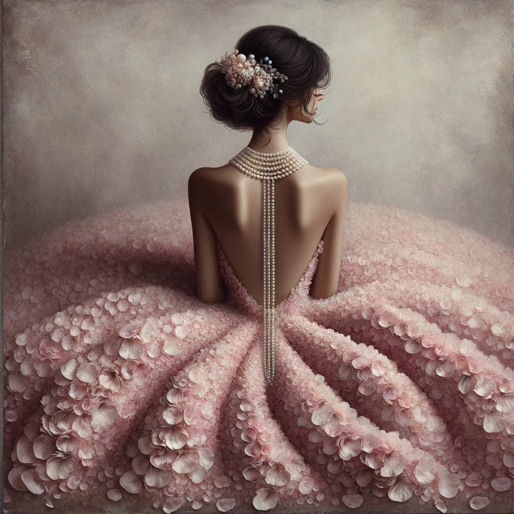 Woman in Petal Dress with Pearls in Hyperrealism