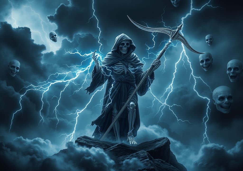 Electric Reaper in Stormy Skies: Cinematic Art