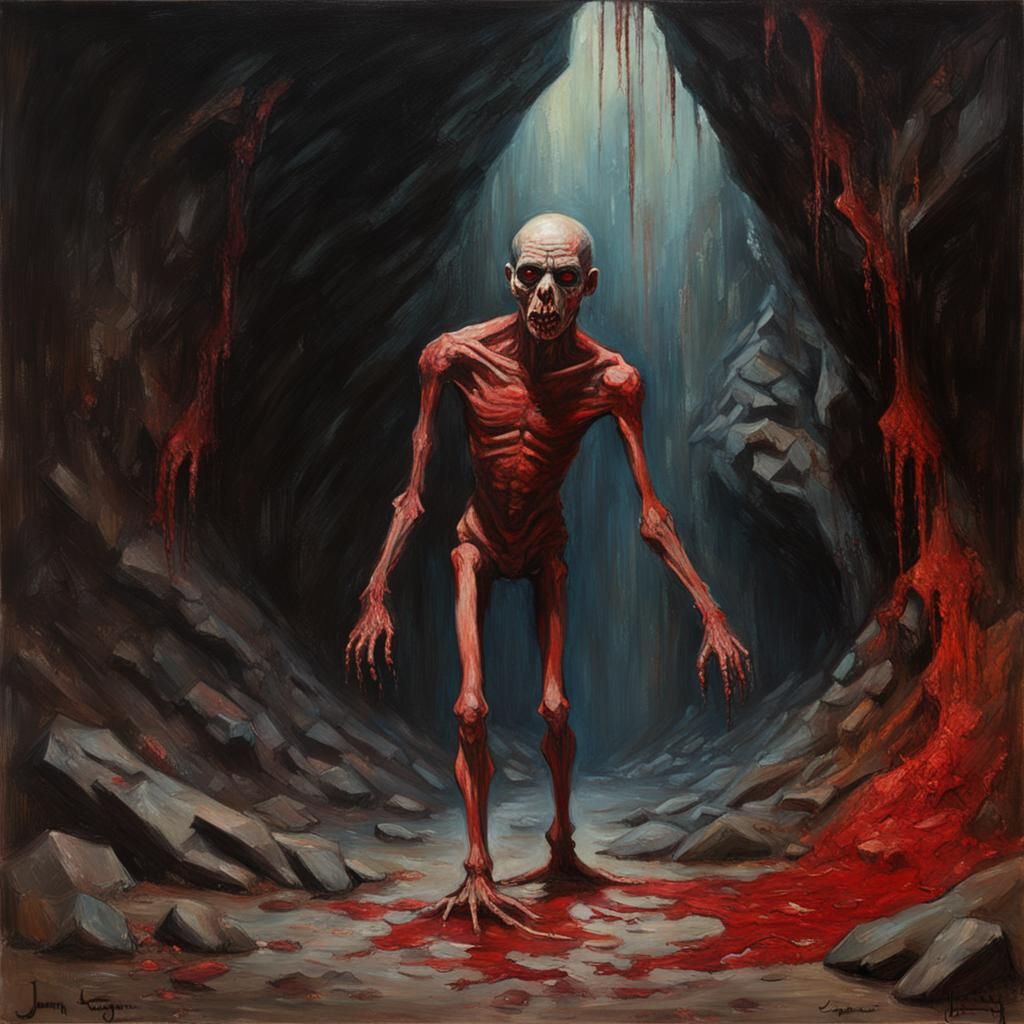 Distorted Humanoid Figure in Dark Cavern Oil Painting