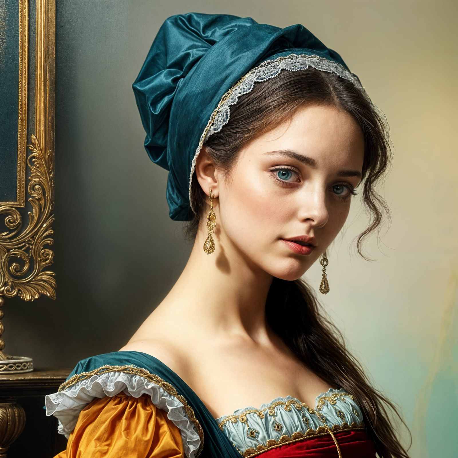 Woman in Elegant 18th-Century Style with Teal Bonnet and Lac...