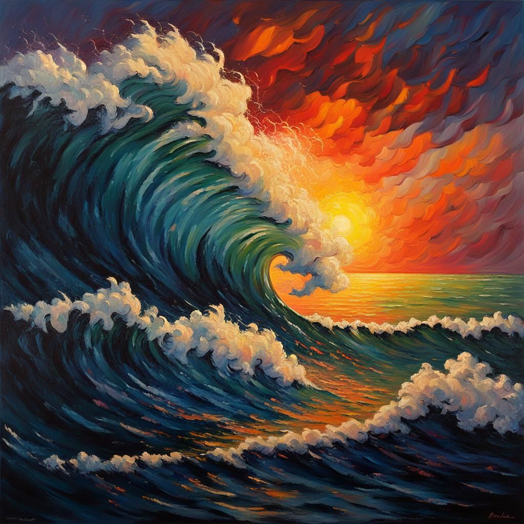 Sunset Waves: Neo-Impressionistic Expressionist Oil Painting
