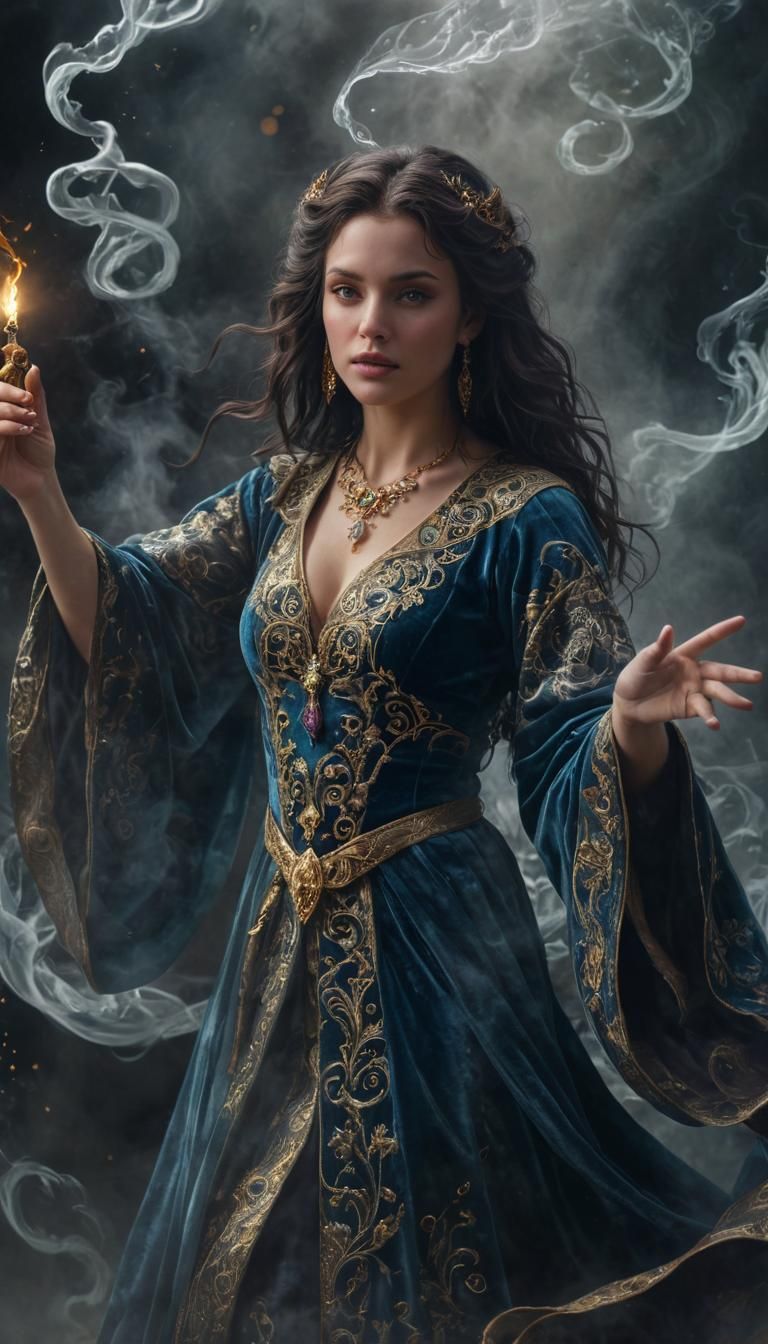 Sorceress Casting Magic in Glass Figurine Style