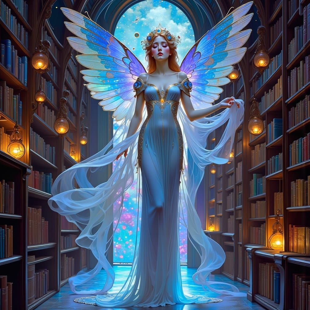 Celestial Librarian with Iridescent Wings in Art Nouveau