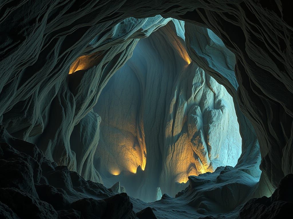 Ethereal Cave System in Ancient Mountain Landscape