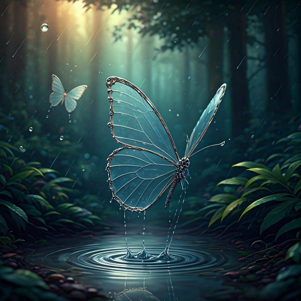 Ethereal Raindrop Butterflies Dance in Misty Forest