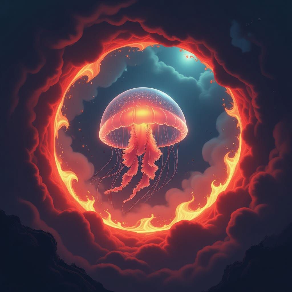 Bioluminescent Jellyfish in Fiery Alien Vortex