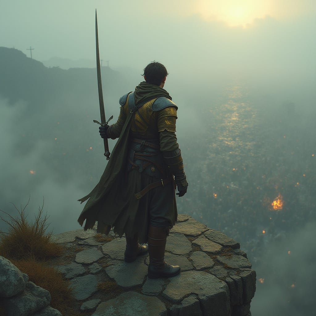 Hobbit Ranger on Watchtower, Gritty Fantasy Art