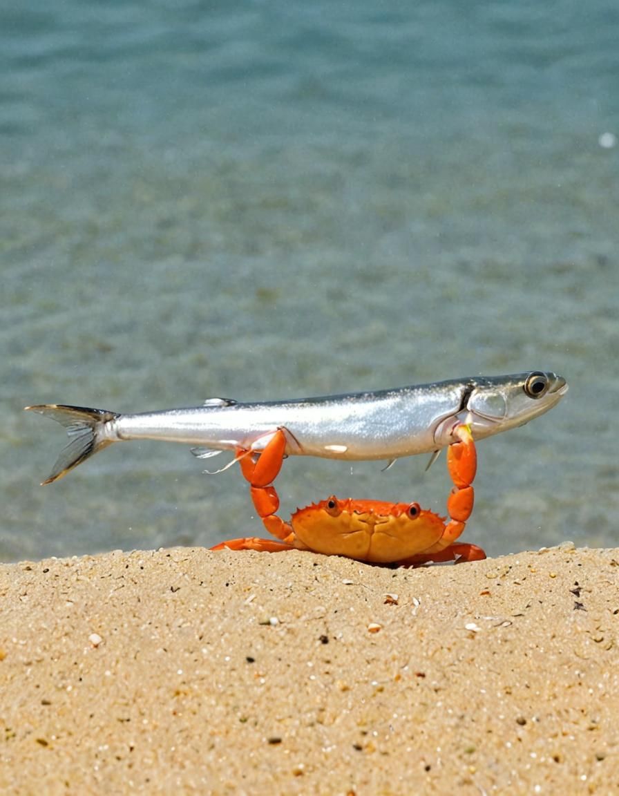 a crab carrying a fish