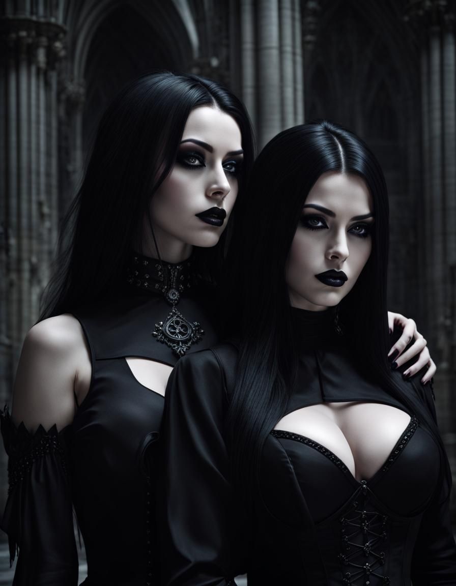 Gothic Women in Dark Cathedral, Photorealistic Dark Fantasy