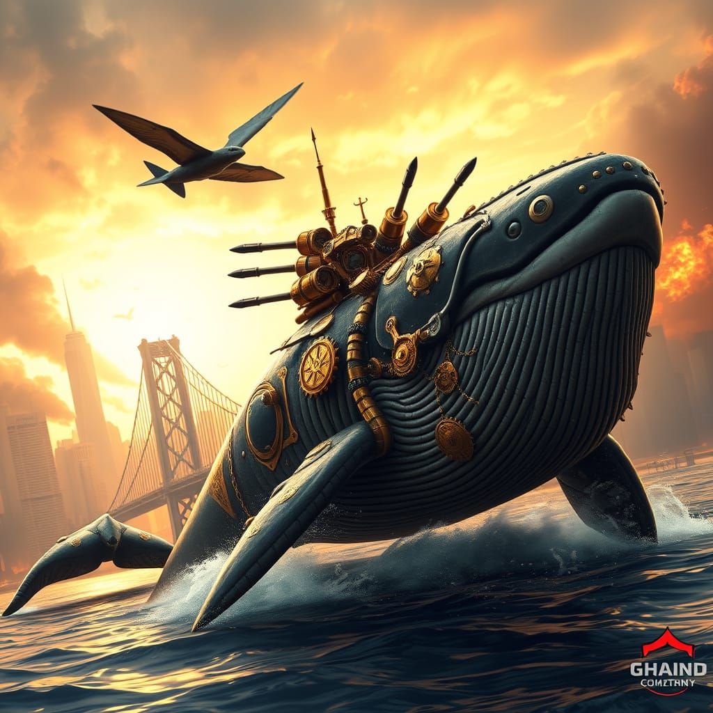 Steampunk Killer Whale Dominates Burning New York City