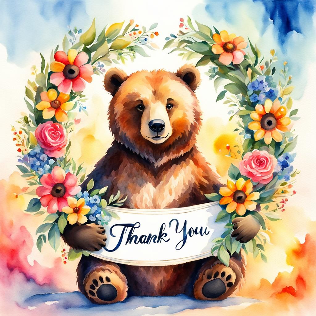 Cuddly Bear Holds Thank You Wreath: Watercolor Painting